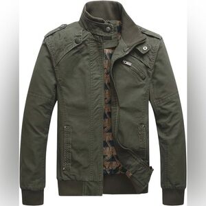 Olive Green Utility Jacket with Stand Collar